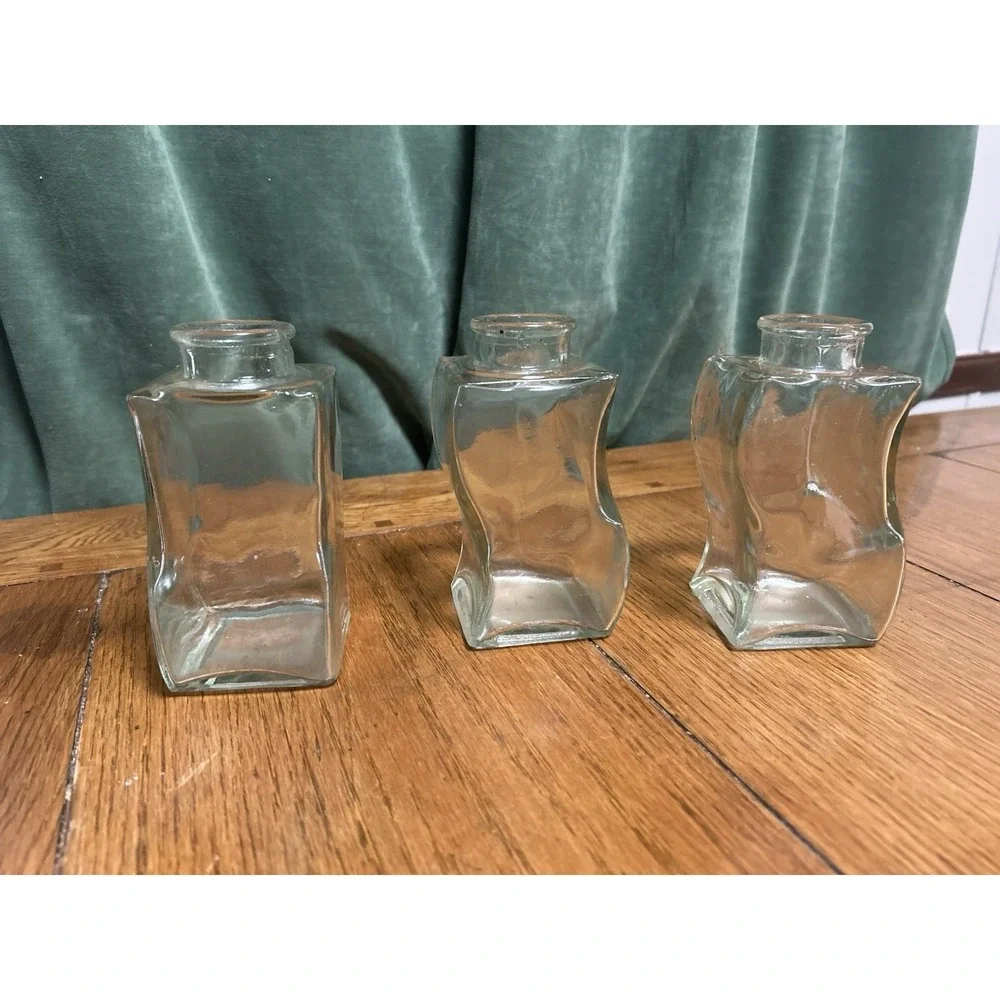 Set of 3 Wavy Square Clear Glass Bud Vases Small Apothecary Style Bottles
